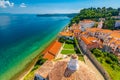 Aerial panorama view of Piran city, Slovenia. Look from tower in church. In foreground are small houses, Adriatic sea in Royalty Free Stock Photo