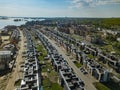 Aerial panorama view of the residential town area of beautiful suburb of dwelling home near river from a height. New Royalty Free Stock Photo