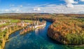 Aerial panorama view of the Rheinau Abbey Islet on Rhine river