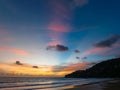 Aerial panorama view scene romantic pink sky on sunset at Karon beach. .