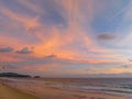 Aerial panorama view scene romantic pink sky on sunset at Karon beach. .