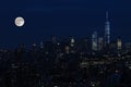 Aerial and panorama view of skyscrapers of New York City, Manhattan. view of night midtown of Manhattan with stars and moon