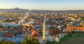 Aerial Panorama view of small medieval european town Slovenska Bistrica, Slovenia with church and castle