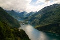 Aerial panorama view to Geiranger fjord from Trollstigen, Norway Royalty Free Stock Photo
