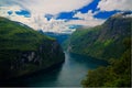 Aerial panorama view to Geiranger fjord from Trollstigen, Norway Royalty Free Stock Photo