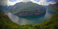 Aerial panorama view to Geiranger fjord, Trollstigen, Norway Royalty Free Stock Photo