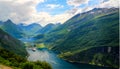 Aerial panorama view to Geiranger fjord from Trollstigen, Norway Royalty Free Stock Photo