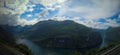 Aerial panorama view to Geiranger fjord,Trollstigen, Norway Royalty Free Stock Photo