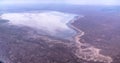 Aerial Panorama view to saline Barsa Kelmes lake and Ustyurt plateau at Karakalpakstan, Uzbekistan