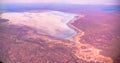 Aerial Panorama view to saline Barsa Kelmes lake and Ustyurt plateau at Karakalpakstan, Uzbekistan