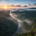 An aerial panorama view of tropical rainforest in morning misty, Stunning sunrise view of Borneo Rainforest made with