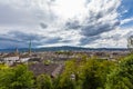 Aerial panorama view of Zurich old town and cityscape from view platform Polyterasse of ETH Zurich on a cloudy summer day, with Royalty Free Stock Photo