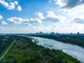 Aerial panorama of Warsaw, Poland over the Vistual river and City center in a distance Old town. Downtown skyscrapers cityscape. Royalty Free Stock Photo