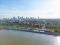 Aerial panorama of Warsaw, Poland over the Vistual river and City center in a distance Old town. Downtown skyscrapers cityscape. Royalty Free Stock Photo