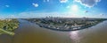 Aerial panorama of Warsaw, Poland over the Vistual river and City center in a distance Old town. Downtown skyscrapers cityscape. Royalty Free Stock Photo