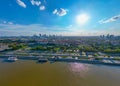 Aerial panorama of Warsaw, Poland over the Vistual river and City center in a distance Old town. Downtown skyscrapers cityscape. Royalty Free Stock Photo