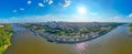 Aerial panorama of Warsaw, Poland over the Vistual river and City center in a distance Old town. Downtown skyscrapers cityscape. Royalty Free Stock Photo