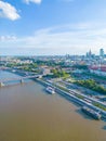 Aerial panorama of Warsaw, Poland over the Vistual river and City center in a distance Old town. Downtown skyscrapers cityscape. Royalty Free Stock Photo