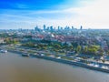 Aerial panorama of Warsaw, Poland over the Vistual river and City center in a distance Old town. Downtown skyscrapers cityscape. Royalty Free Stock Photo