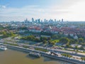 Aerial panorama of Warsaw, Poland over the Vistual river and City center in a distance Old town. Downtown skyscrapers cityscape. Royalty Free Stock Photo