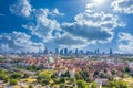 Aerial panorama of Warsaw, Poland  over the Vistula river and City center in a distance. Sky Clouds and sun Royalty Free Stock Photo