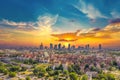 Aerial panorama of Warsaw, Poland  over the Vistula river and City center in a distance. Sunset sky Royalty Free Stock Photo
