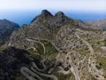 Aerial panorama of winding curvy mountain road street Sa Corbata Sa Calobra Mallorca Balearic Islands Spain Europe