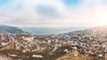 Aerial panorama of winter Yalta, old European city on Black Sea, town on mountains, beautiful resort landscape