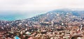 Aerial panorama of winter Yalta, old European city on Black Sea, town on mountains, beautiful resort landscape