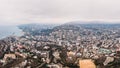 Aerial panorama of winter Yalta, old European city on Black Sea, town on mountains, beautiful resort landscape