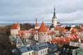 Aerial panoramic cityscape with Medieval Old Town, St. Olaf Baptist Church and Tallinn City Wall, Tallinn, Estonia Royalty Free Stock Photo