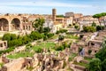 Aerial panoramic cityscape view of the Roman Forum and Roman Colosseum in Rome, Italy. World famous landmarks in Italy during Royalty Free Stock Photo