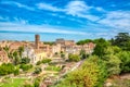 Aerial panoramic cityscape view of the Roman Forum and Roman Colosseum in Rome, Italy. World famous landmarks in Italy during Royalty Free Stock Photo