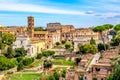 Aerial panoramic cityscape view of the Roman Forum and Roman Colosseum in Rome, Italy. World famous landmarks in Italy during Royalty Free Stock Photo