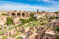 Aerial panoramic cityscape view of the Roman Forum and Roman Colosseum in Rome, Italy. World famous landmarks in Italy during Royalty Free Stock Photo