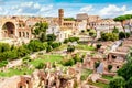 Aerial panoramic cityscape view of the Roman Forum and Roman Colosseum in Rome, Italy. World famous landmarks in Italy during Royalty Free Stock Photo