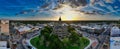 Aerial panoramic of the Denton County Courthouse Museum around the streets and buildings in Texas