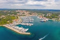 Aerial panoramic drone picture of Vrsar harbour in Croatia with turquoise water during daytime Royalty Free Stock Photo