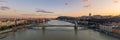 Aerial Panoramic drone shot of chain bridge over Danube river during Budapest sunset time