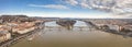 Aerial panoramic drone shot of Margret Bridge over Danube in Budapest winter Royalty Free Stock Photo