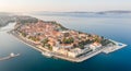 Aerial panoramic drone shot of Zadar old town peninsula in sunrise in Croatia Dalmatia