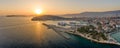 Aerial panoramic drone view of Split Ferry Port with sunset over horizon in summer Croatia Royalty Free Stock Photo