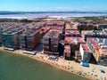 Aerial panoramic drone view of Torrevieja resort townscape beach and Las Salinas