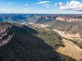 Aerial panoramic drone view of Wolgan Valley along the Wolgan River in the Lithgow Region of New South Wales, Australia. Royalty Free Stock Photo