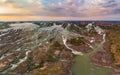 Aerial panoramic 4000 islands Mekong River in Laos, Li Phi waterfalls, famous travel destination backpacker in South East Asia Royalty Free Stock Photo