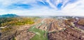 Aerial panoramic 4000 islands Mekong River in Laos, Li Phi waterfalls, famous travel destination backpacker in South East Asia. Royalty Free Stock Photo