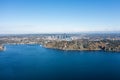 Aerial panoramic landscape view across Lake Washington and Meydenbauer Bay to Bellevue Downtown Royalty Free Stock Photo