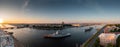 Aerial panoramic landscape of warships in the waters of the Neva River before the holiday of the Russian Navy, sea power