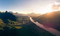 Aerial panoramic Nam Ou River Nong Khiaw Muang Ngoi Laos, sunset dramatic sky, scenic mountain landscape, famous travel Royalty Free Stock Photo