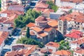 Aerial panoramic photo over St. Vissarion Holy Metropolitan church in Kalambaka city from Meteora Monasteries in Thessaly, Greece